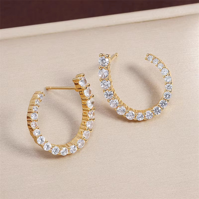 Yellow Gold-Plated Sterling Silver Oen Hoop Stud Earrings - Cubic Zirconia Front-Facing Design"