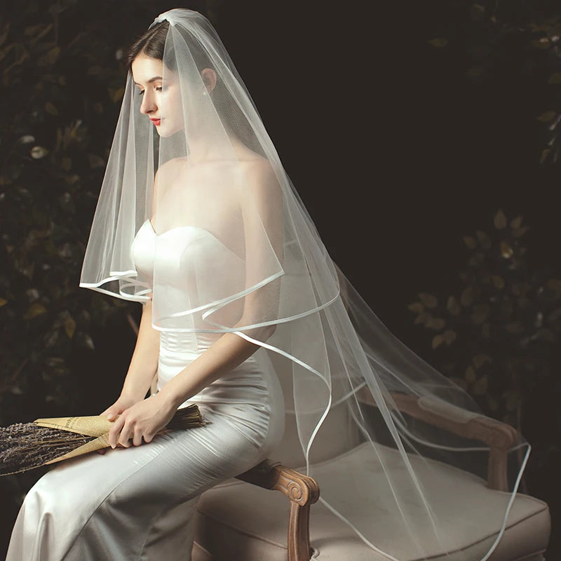 Short Tulle Ribbon Edge Bridal Two Layer Veils