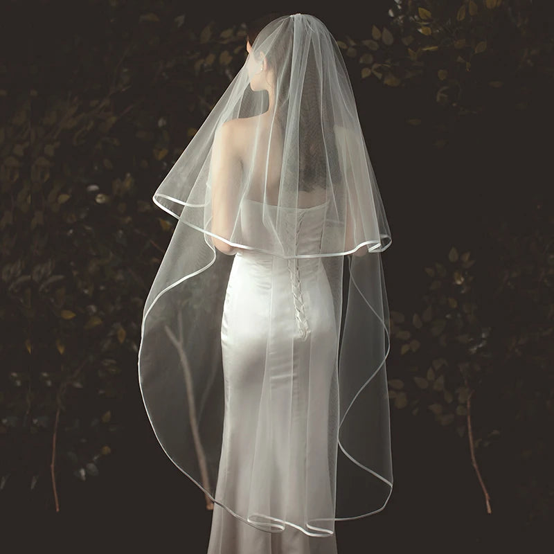 Short Tulle Ribbon Edge Bridal Two Layer Veils