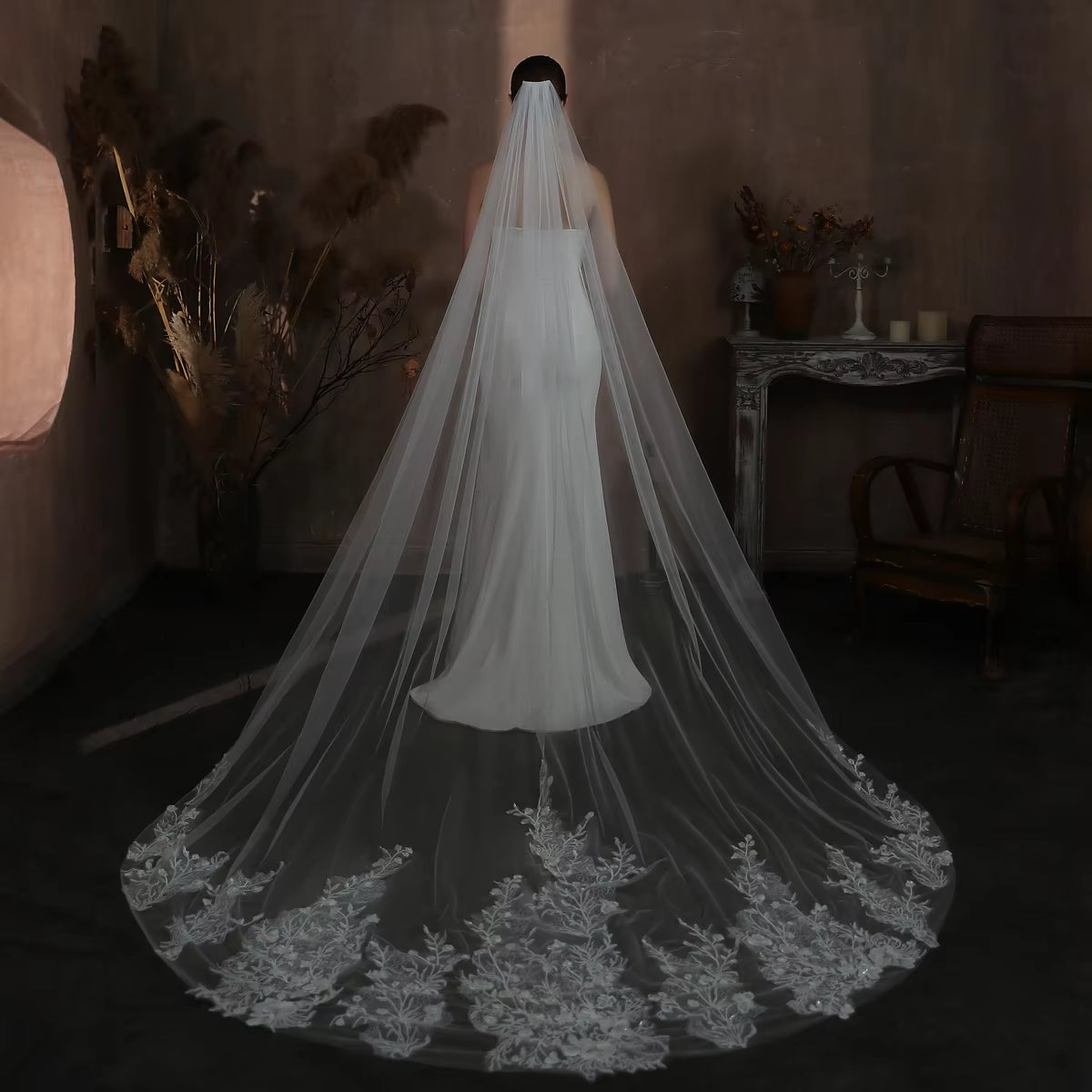 Handmade White Cathedral Bridal Veil with Soft Tulle, Sequin Lace Appliqué, and Long Floor Train