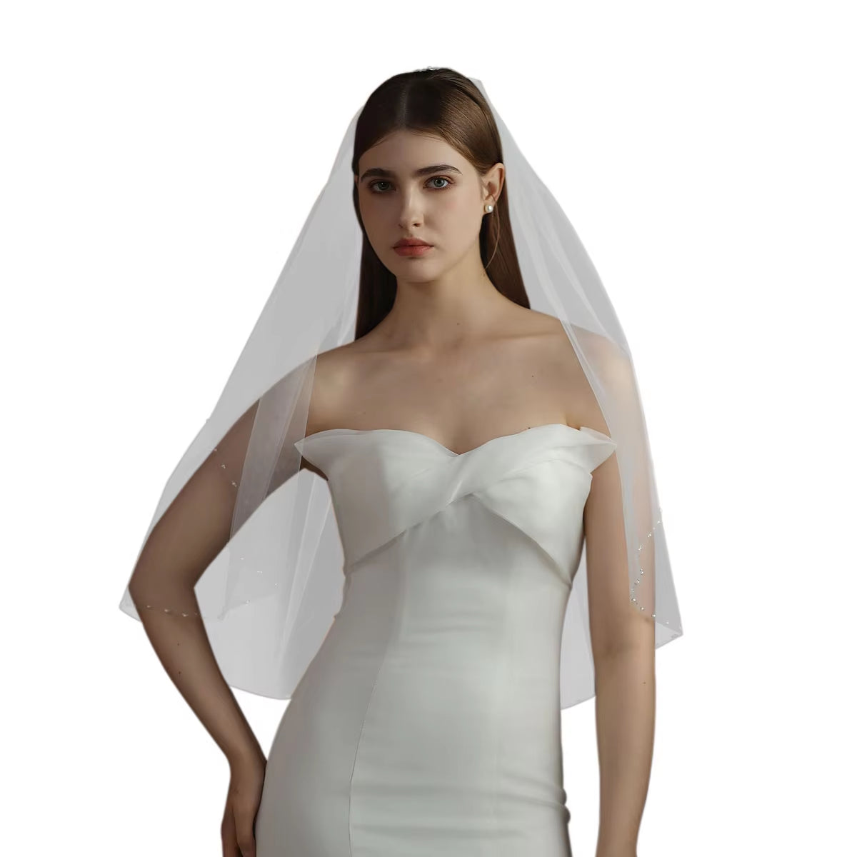 Exquisite One-Layer Bridal Veil with Crystal-Pearl Edging in White Tulle - Wedding Accessory."