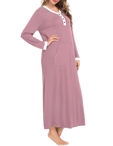 Womens  Long Sleeve Sleep Shirts Oversized Sleep Dress Long Soft Housecoat With Pockets Taro Purple Small