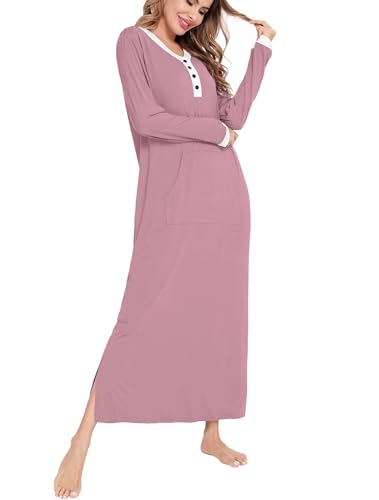 Womens  Long Sleeve Sleep Shirts Oversized Sleep Dress Long Soft Housecoat With Pockets Taro Purple Small