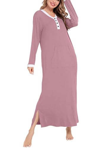 Womens  Long Sleeve Sleep Shirts Oversized Sleep Dress Long Soft Housecoat With Pockets Taro Purple Small