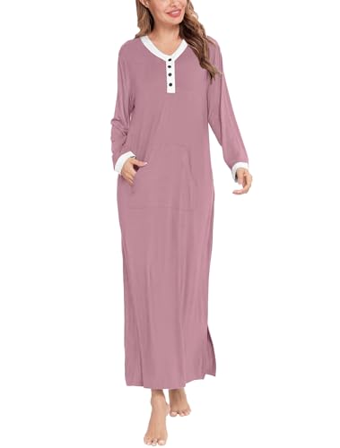 Womens  Long Sleeve Sleep Shirts Oversized Sleep Dress Long Soft Housecoat With Pockets Taro Purple Small