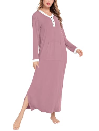 Womens  Long Sleeve Sleep Shirts Oversized Sleep Dress Long Soft Housecoat With Pockets Taro Purple Small