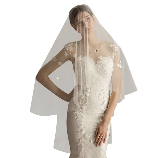 V636 Delicate Fingertip White Marriage Bridal Veil One-Layer Golden Stars Sequins Covering Face Cut Edge Wedding Bride Veil