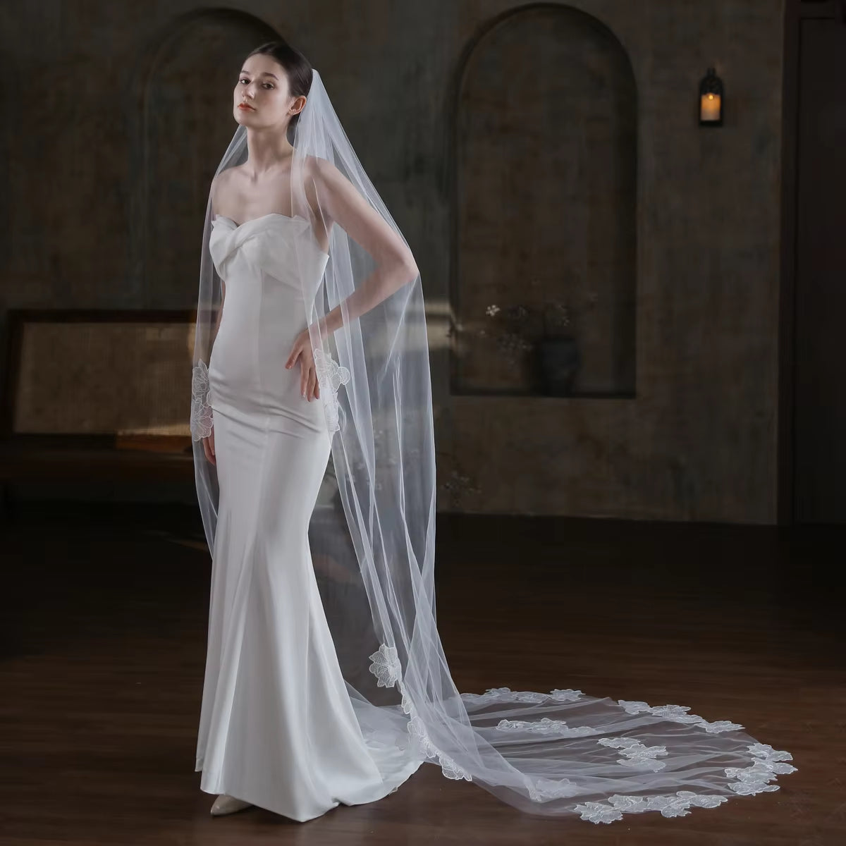  Wedding Bridal Cathedral Veil One-Layer Tulle Lace edge