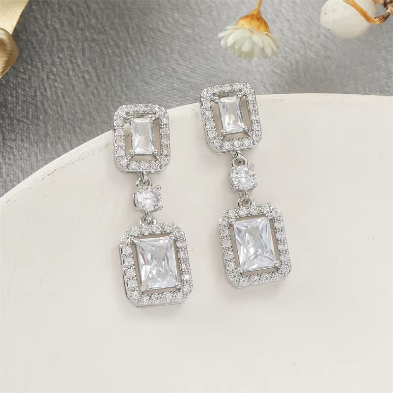 White Gold-Plated Rectangle & Square Dangle Earrings - Cubic Zirconia Teardrop 