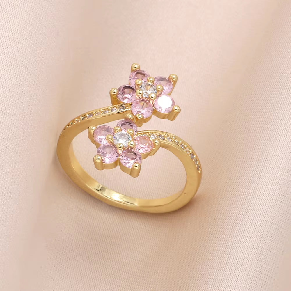 Floral Zircon Ring – Copper-Plated Real Gold Adjustable Ring