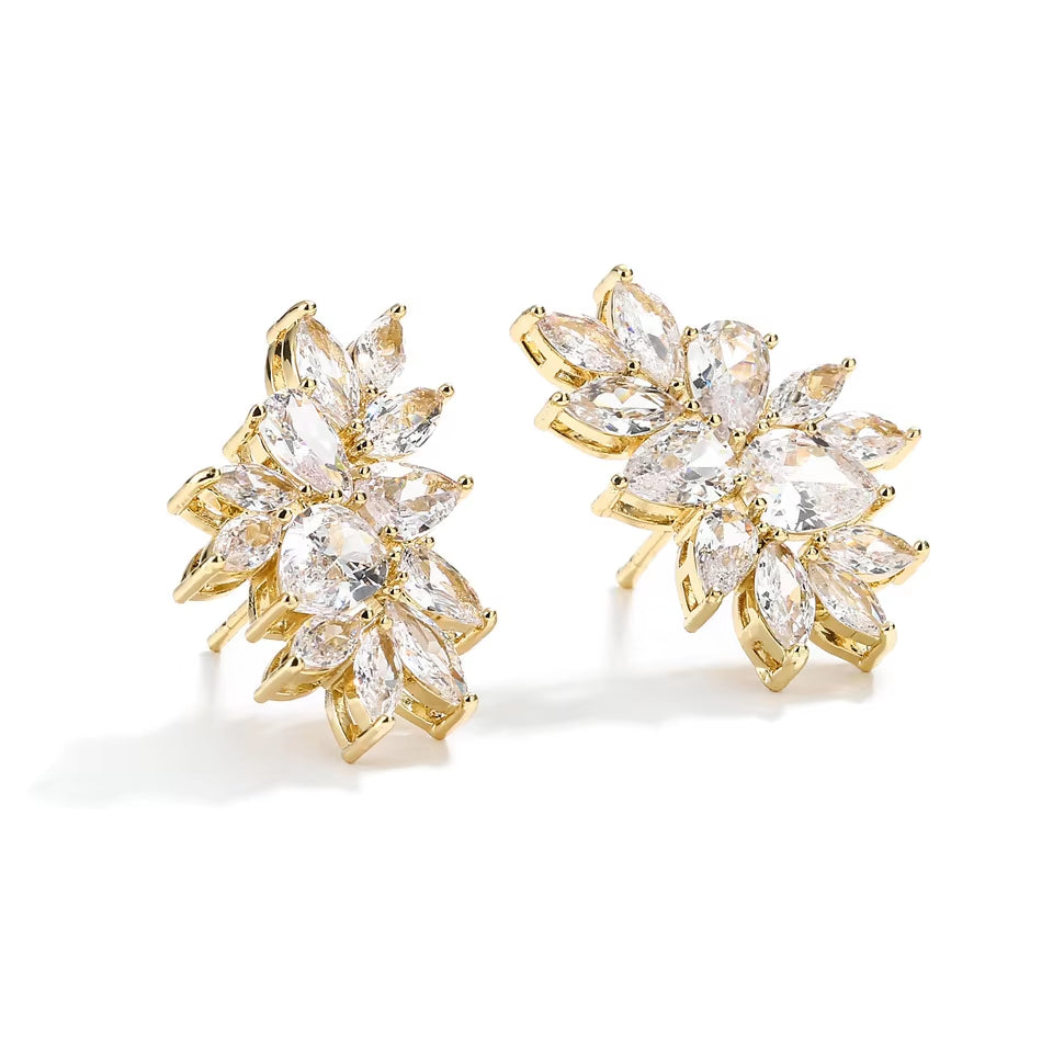 Gold Marquis CZ Bridal Earrings - Curved Crystal Cluster Design for Weddings and Bridesmaids