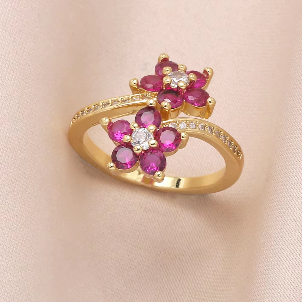 Floral Zircon Ring – Copper-Plated Real Gold Adjustable Ring