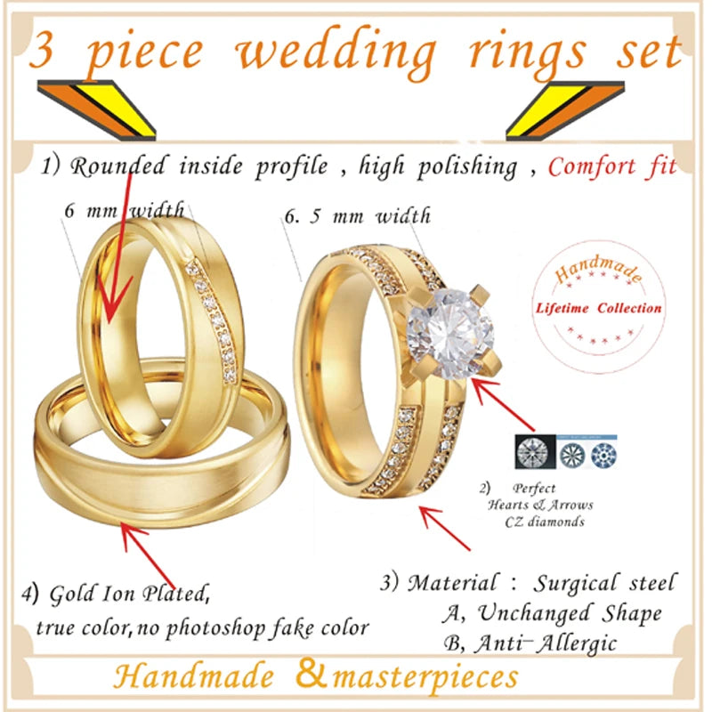 Unique 3Pcs Matching Alliance Marriage Couple Engagement Wedding Rings for Men and Women Color Groom Bridal Jewelry