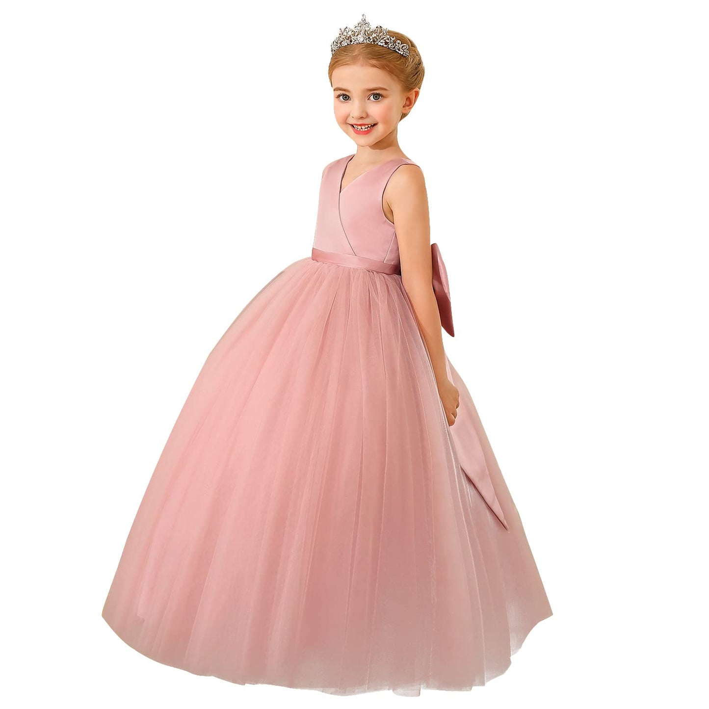 ABAO SISTER Flower Girls Satin Tulle Princess Pageant Dress for Wedding V-Neckline Kids Party Prom Ball Gowns Dresses (Size 8,02Pink)