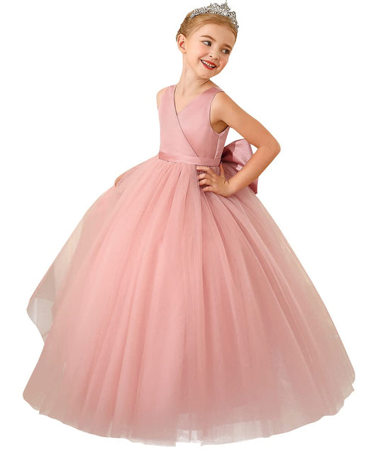 ABAO SISTER Flower Girls Satin Tulle Princess Pageant Dress for Wedding V-Neckline Kids Party Prom Ball Gowns Dresses (Size 8,02Pink)