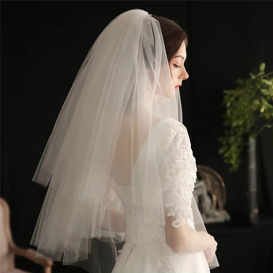 Classical Elbow-Length Bridal Veil in White Multi-Layer Plain Tulle-2 pcs