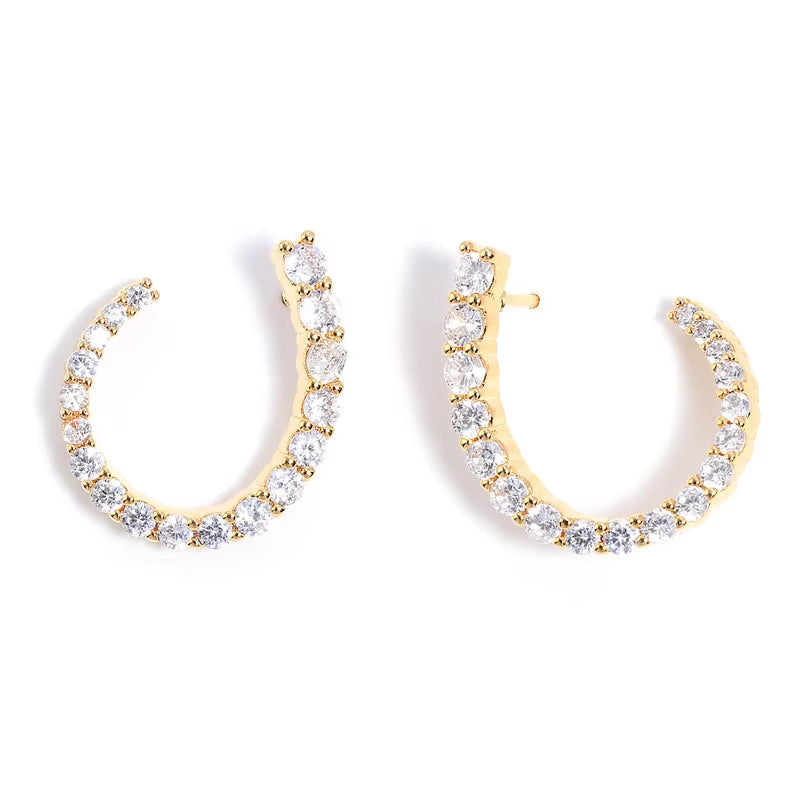 Yellow Gold-Plated Sterling Silver Oen Hoop Stud Earrings - Cubic Zirconia Front-Facing Design"