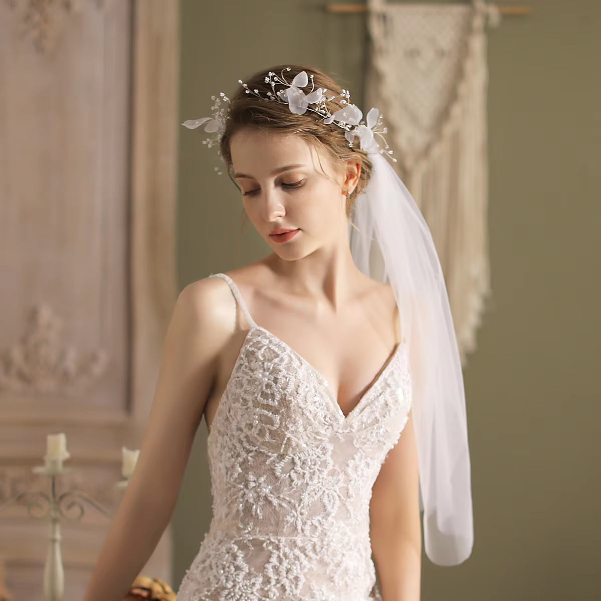 Retro White Elbow Bridal Veil with Tulle, Organza Flowers, and Beaded Hairwear