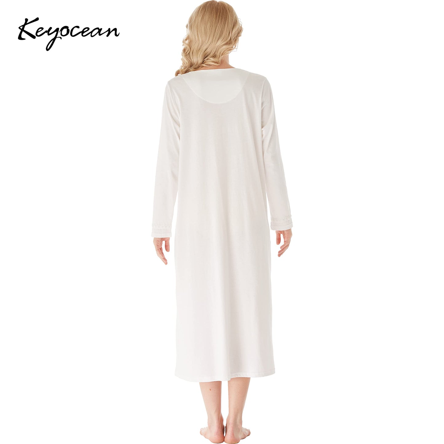 Elegant Nightgown for Women, Soft Cotton Comfy Lightweight Long Sleeves, Cream, Small