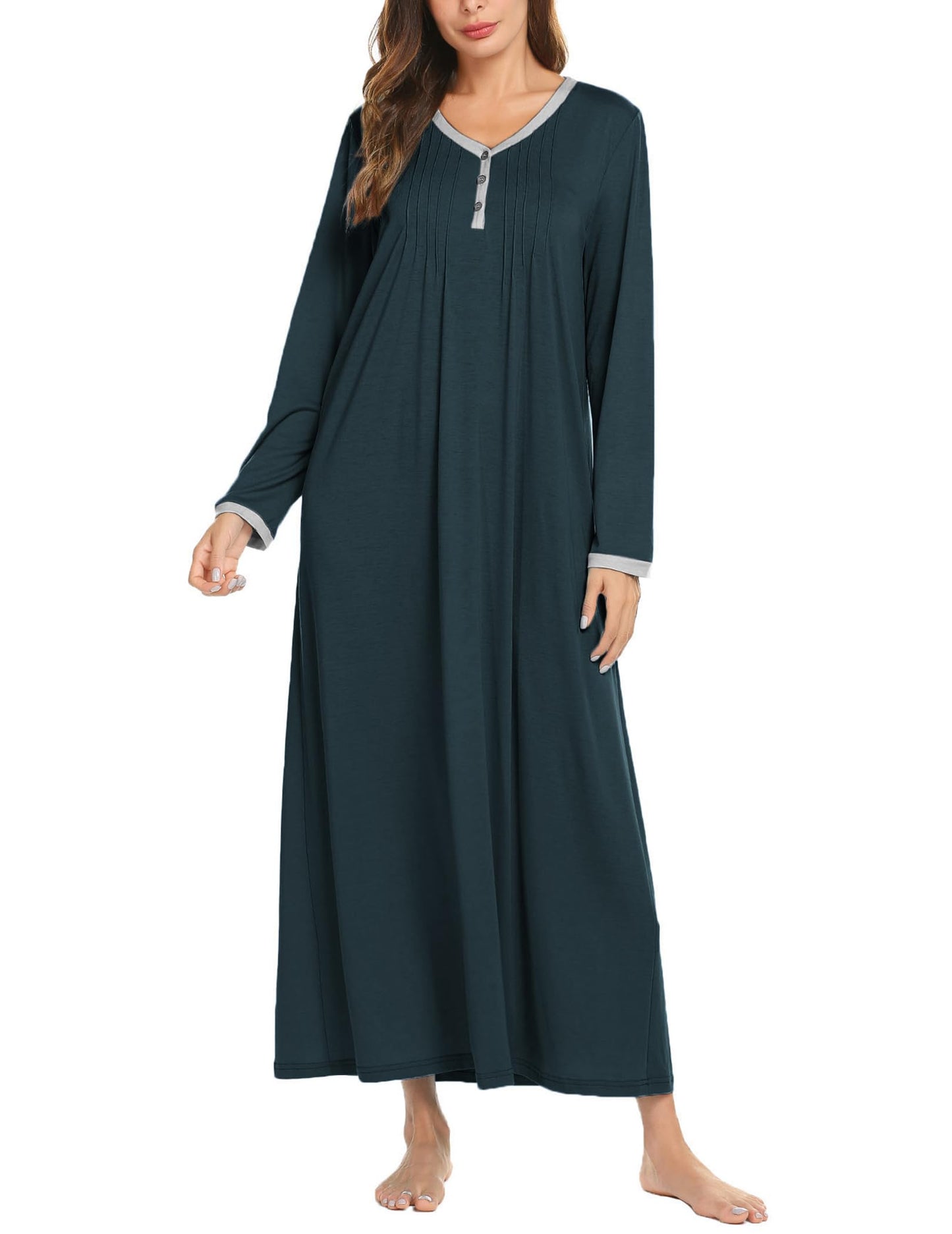 Women Long Sleeve Nightshirt Soft Warm Loungewear, Full Length Dark Green