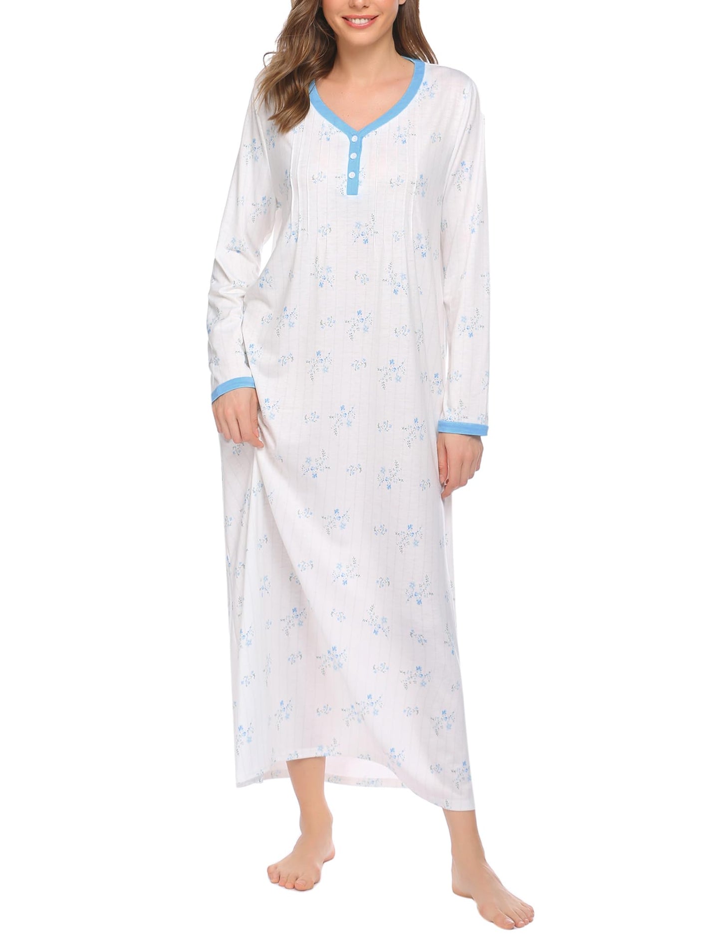 Long Soft Casual Henley Sleep Dress- Nightwear, Full Length Sleep Shirt Medium