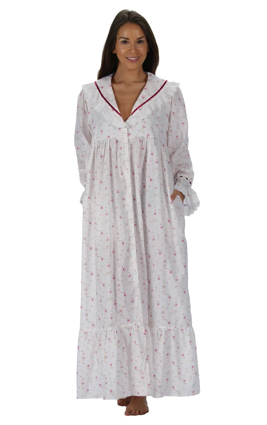 The  Victorian Nightgown - White Nightgown, Vintage Rose, XS