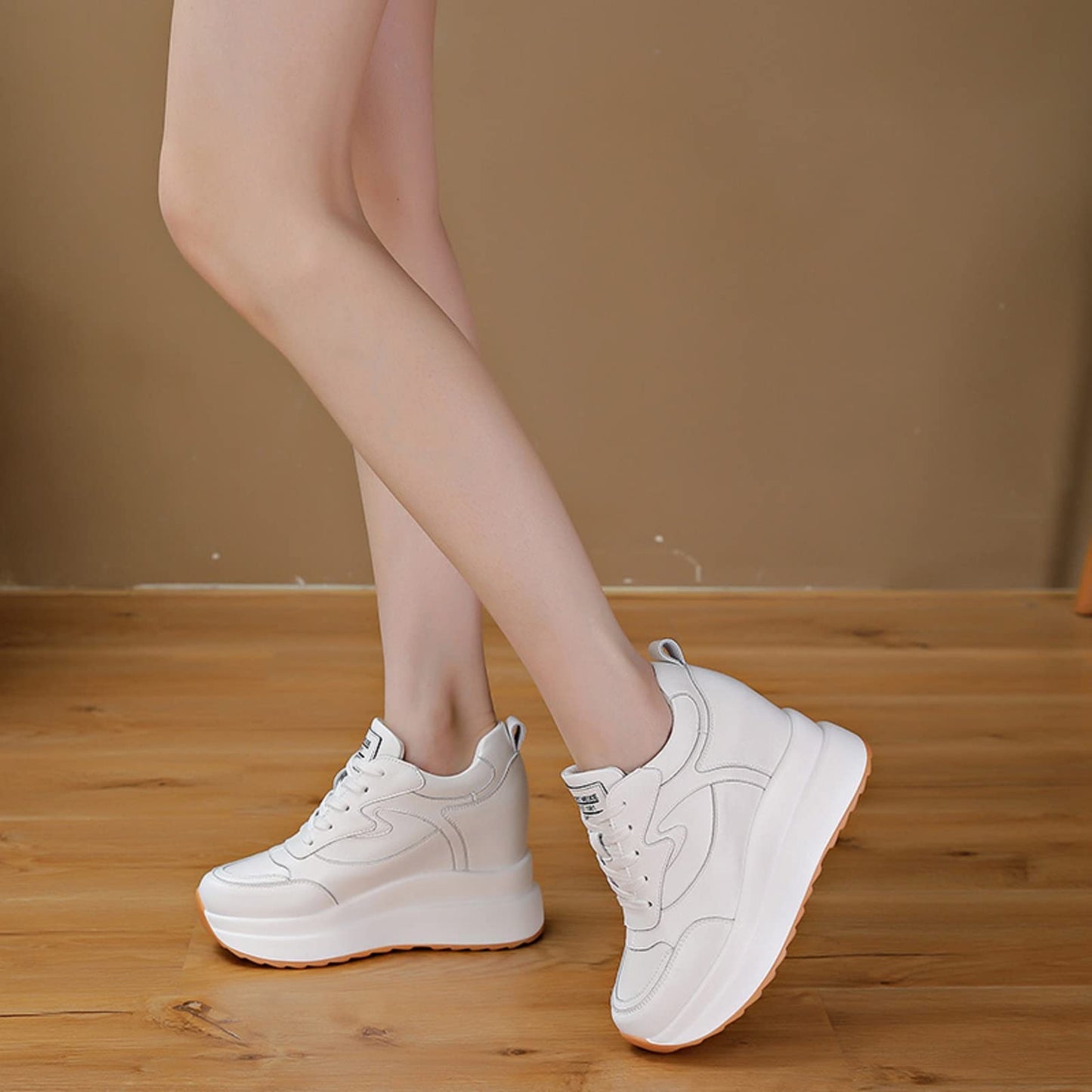 AONEGOLD Platform Sneakers High Hidden Heel Sneakers for Women Wedge Sneakers Leather Upper Fashion Lace up Sneakers Increasing 3.94 inch(White,Size 8)