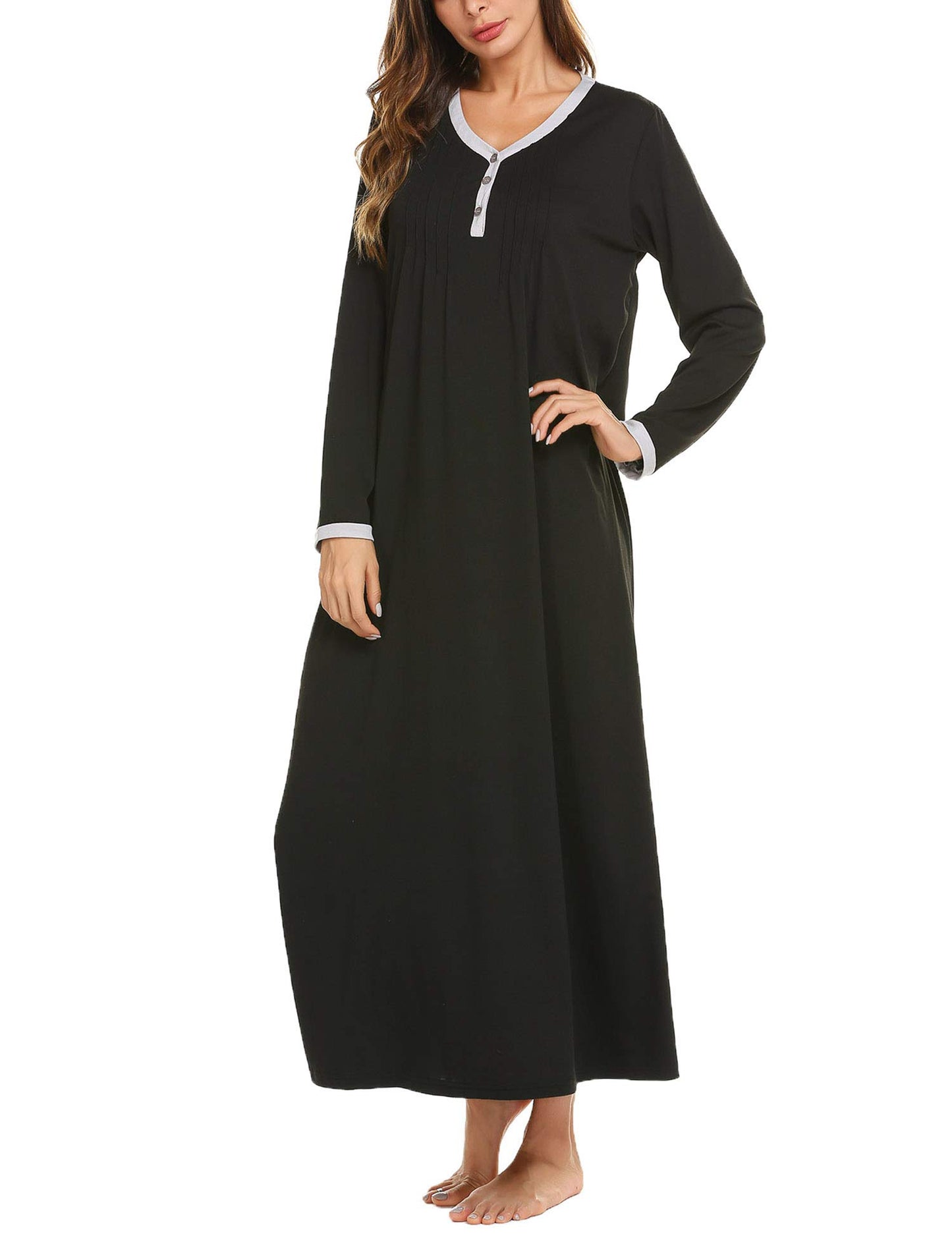 Womens Cotton Knit Long Sleeve Nightgown for Women, Black,Small