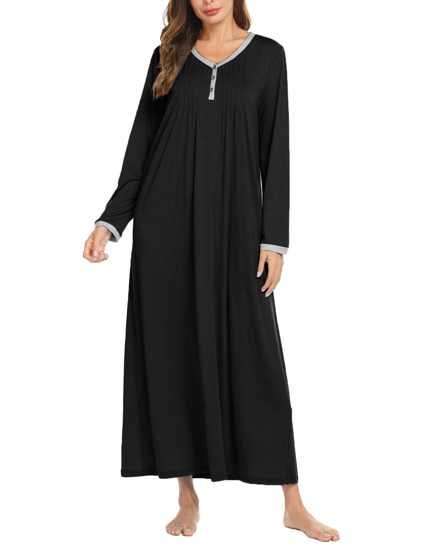 Womens Cotton Knit Long Sleeve Nightgown for Women, Black,Small