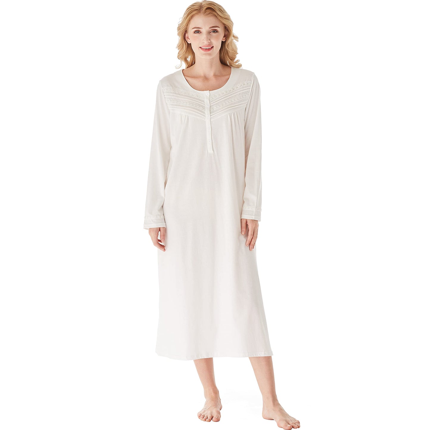 Elegant Nightgown for Women, Soft Cotton Comfy Lightweight Long Sleeves, Cream, Small