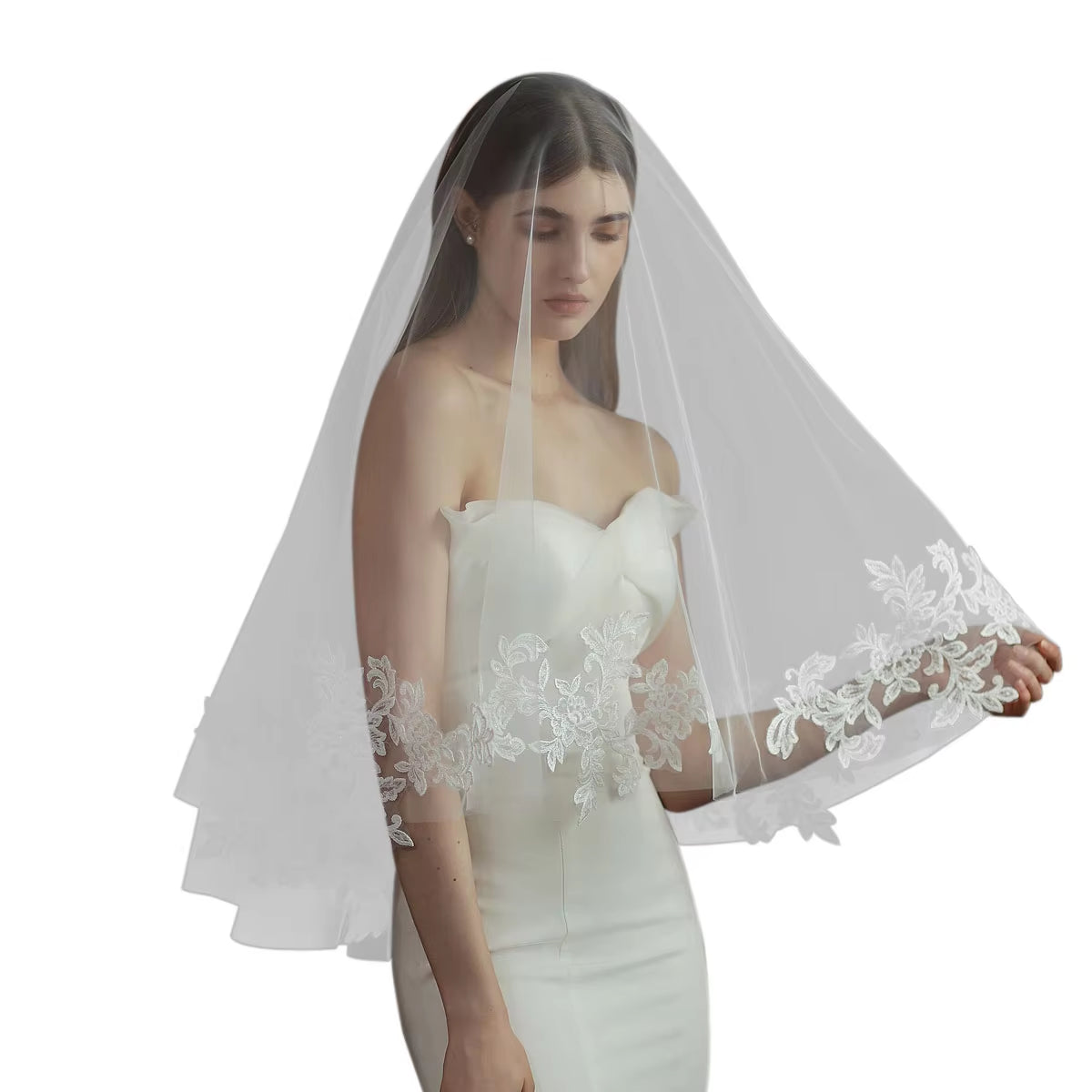 Elegant Wedding Bridal Veil One-Layer Tulle Lace Appliqued Edge 