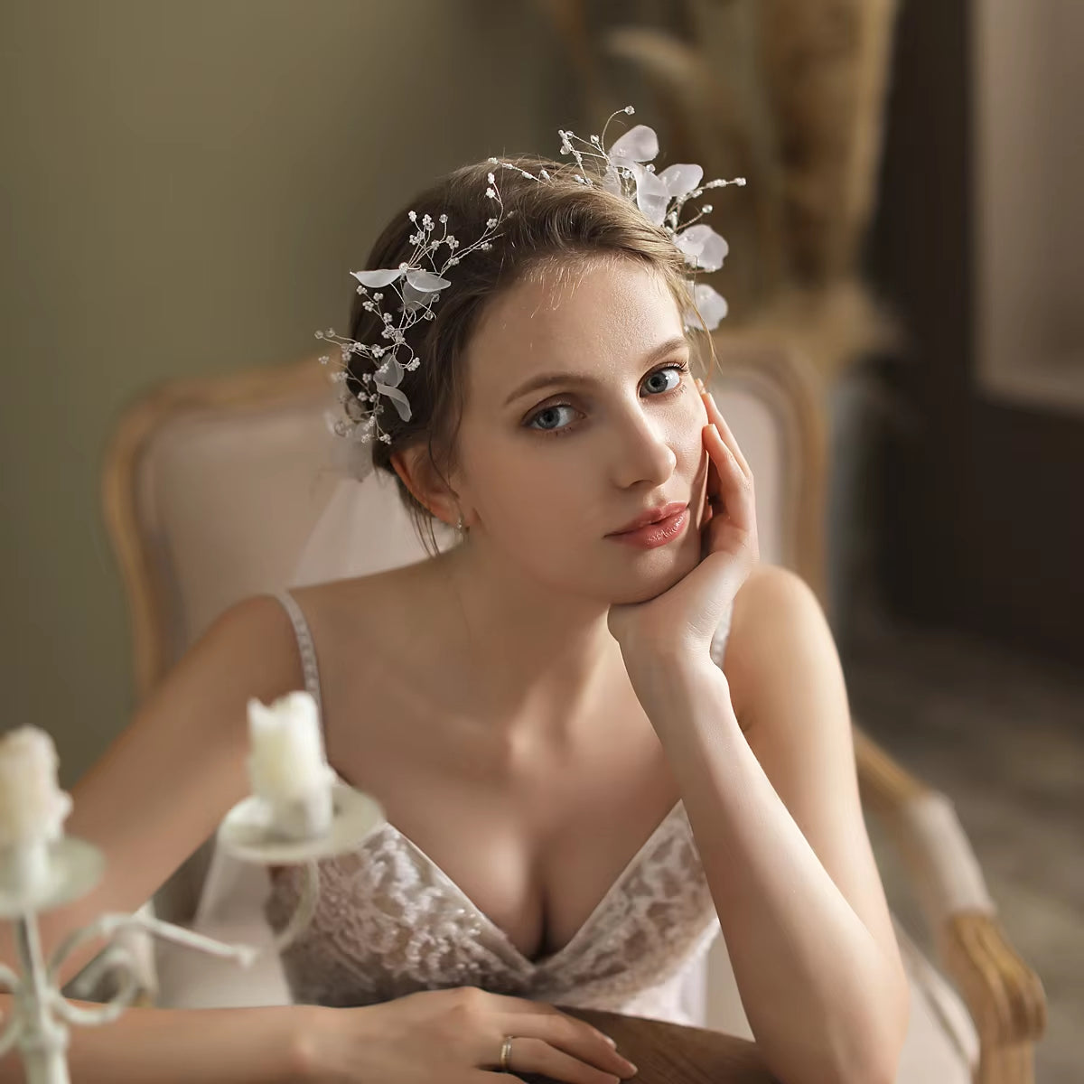 Retro White Elbow Bridal Veil with Tulle, Organza Flowers, and Beaded Hairwear