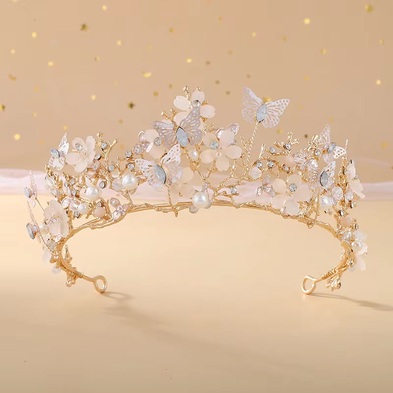 Gold Butterfly & Ivory Flower Tiara - Classic Handmade Princess Diadem for Weddings & Cosplay"