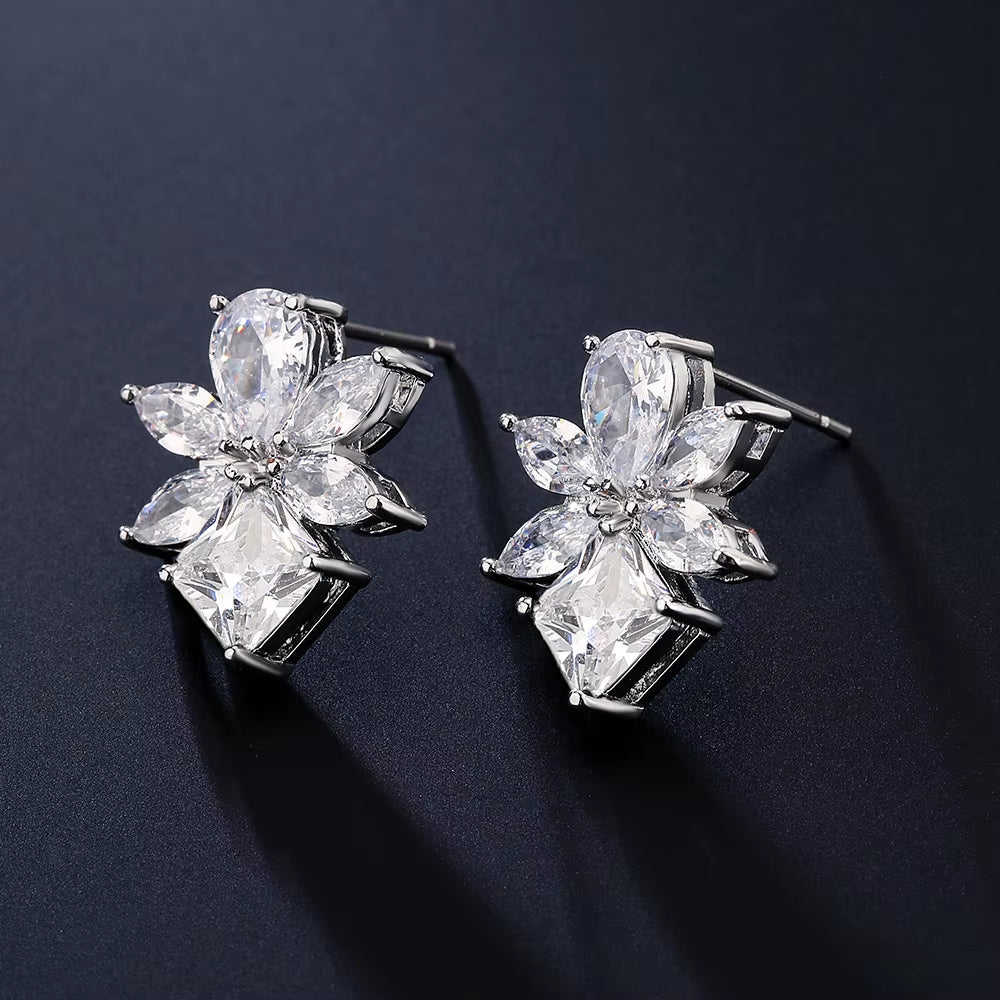 Geometric Flower Zircon Stud Earrings - Elegant Crystal Design for Women