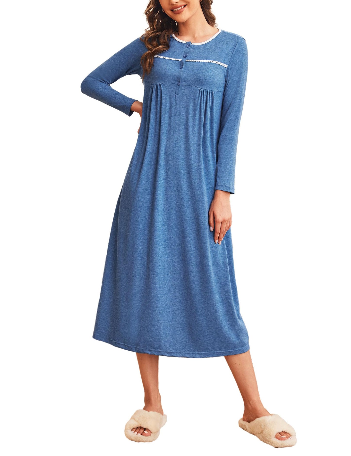 Women's Long Sleeve  Winter Nightgown, Soft Full Length Nightwear- Navy Blue