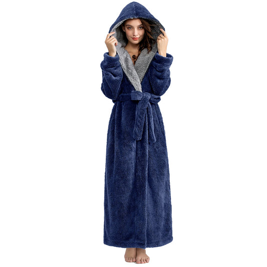 Long Hooded Robe for Women Luxurious Flannel Fleece Full Length Bathrobe Winter Warm Pajamas Shower Nightgown