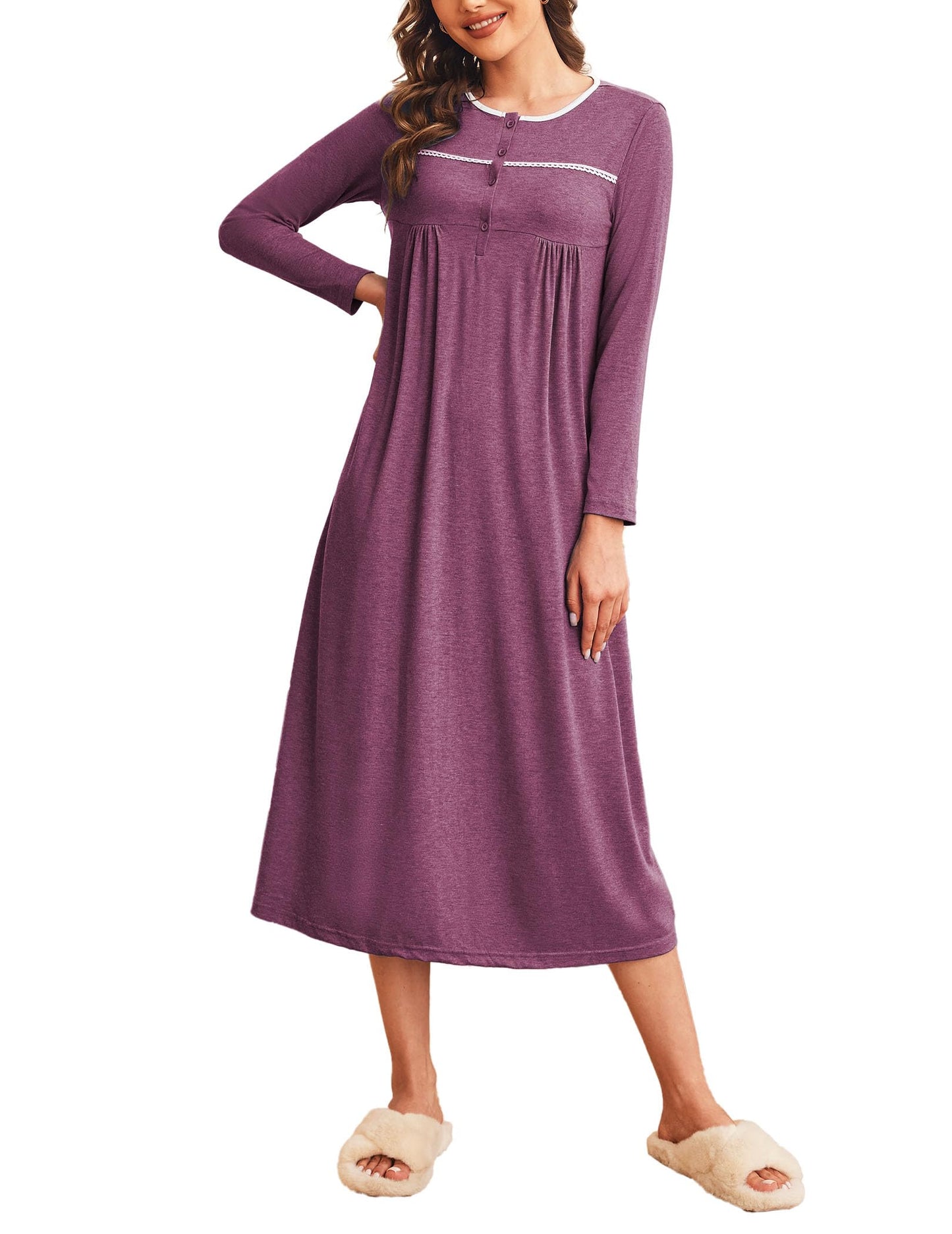 Long  Womens Maxi Sleepwear Long Sleeve, Loose Pajamadress Cherry Red