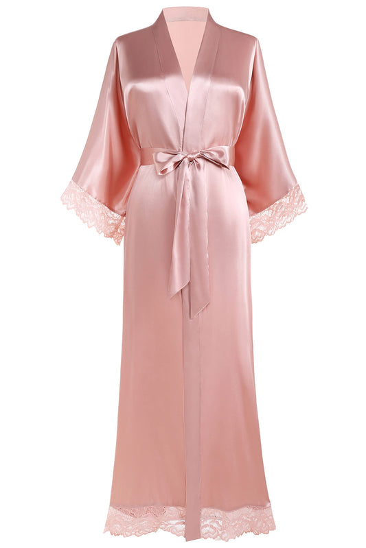 Satin Long Bridesmaid Robe  Wedding Bath Robe with Lace Trim