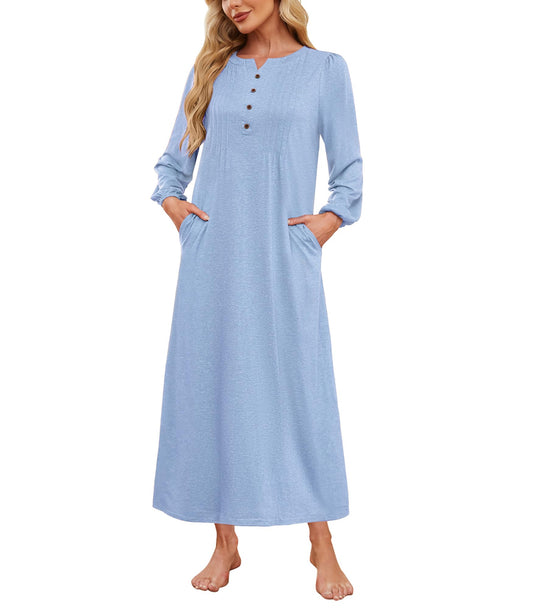 Womens Cotton Long Sleeve Nightgowns, Full Length Night Shirts-Light Blue