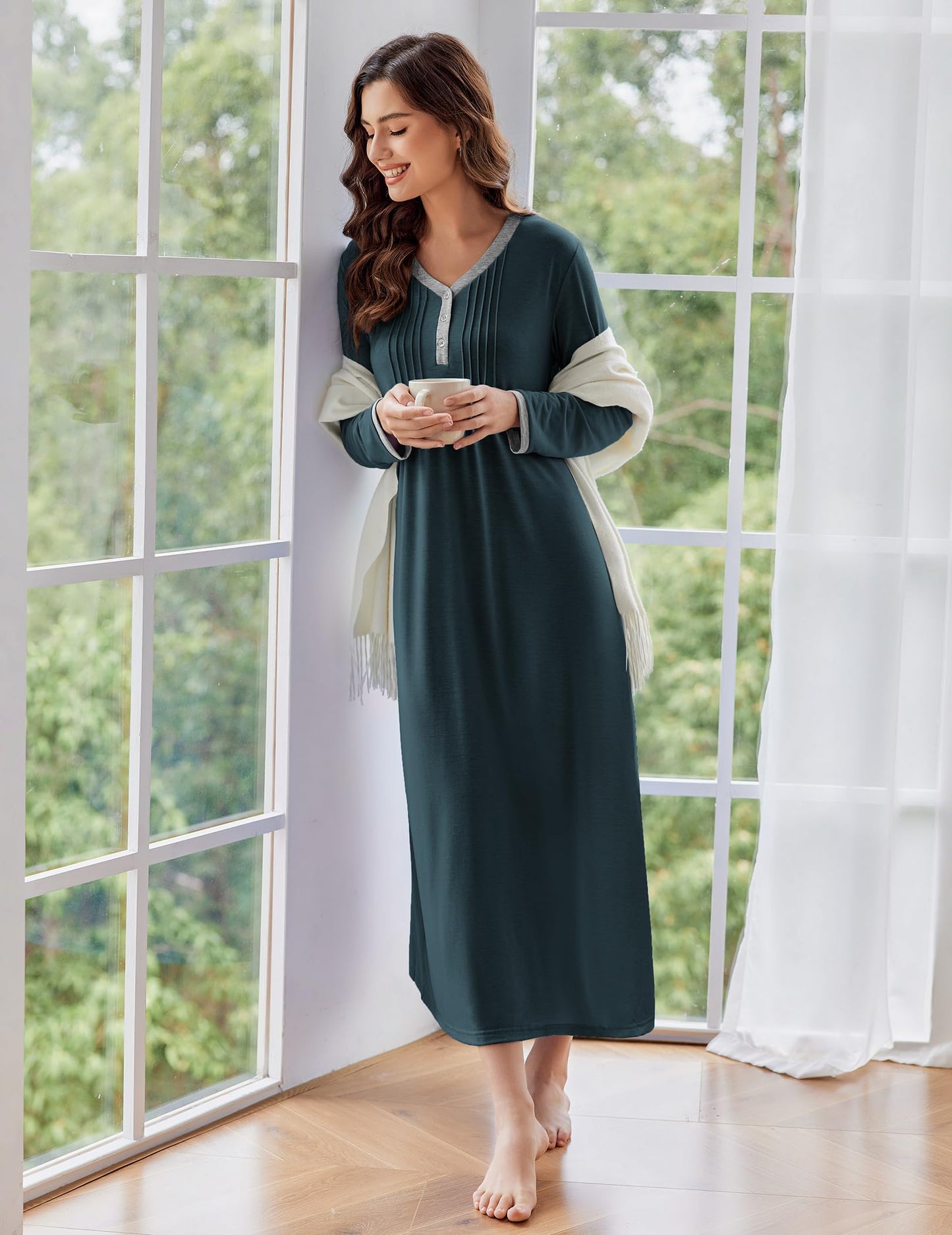 Women Long Sleeve Nightshirt Soft Warm Loungewear, Full Length Dark Green