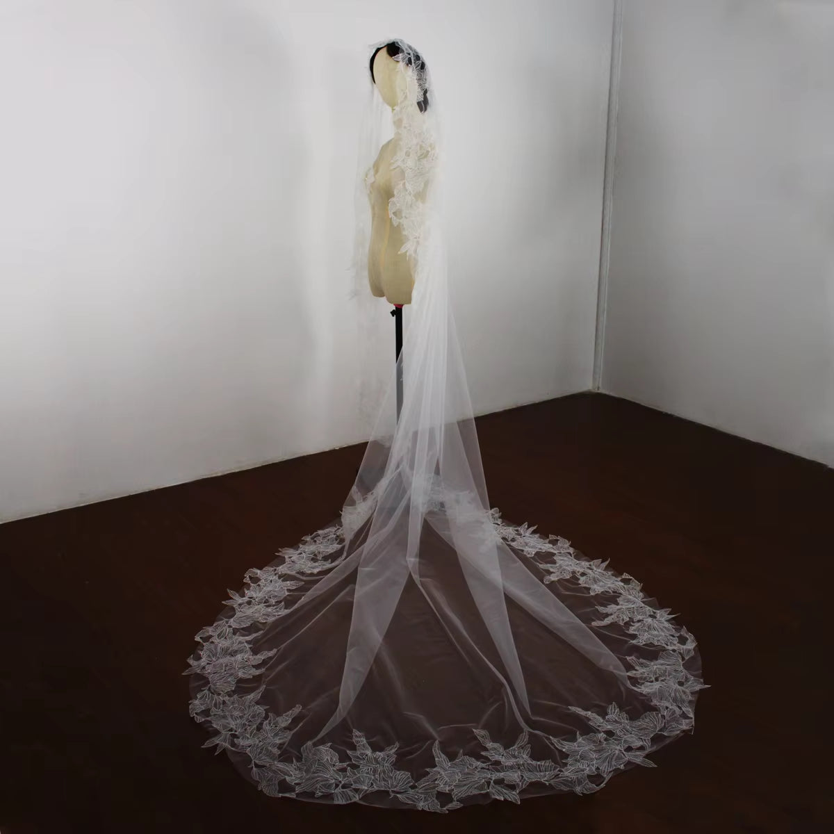 One-Layer Lace Appliqué White Veil with Long Train, Elegant Accessories for Brides-to-Be