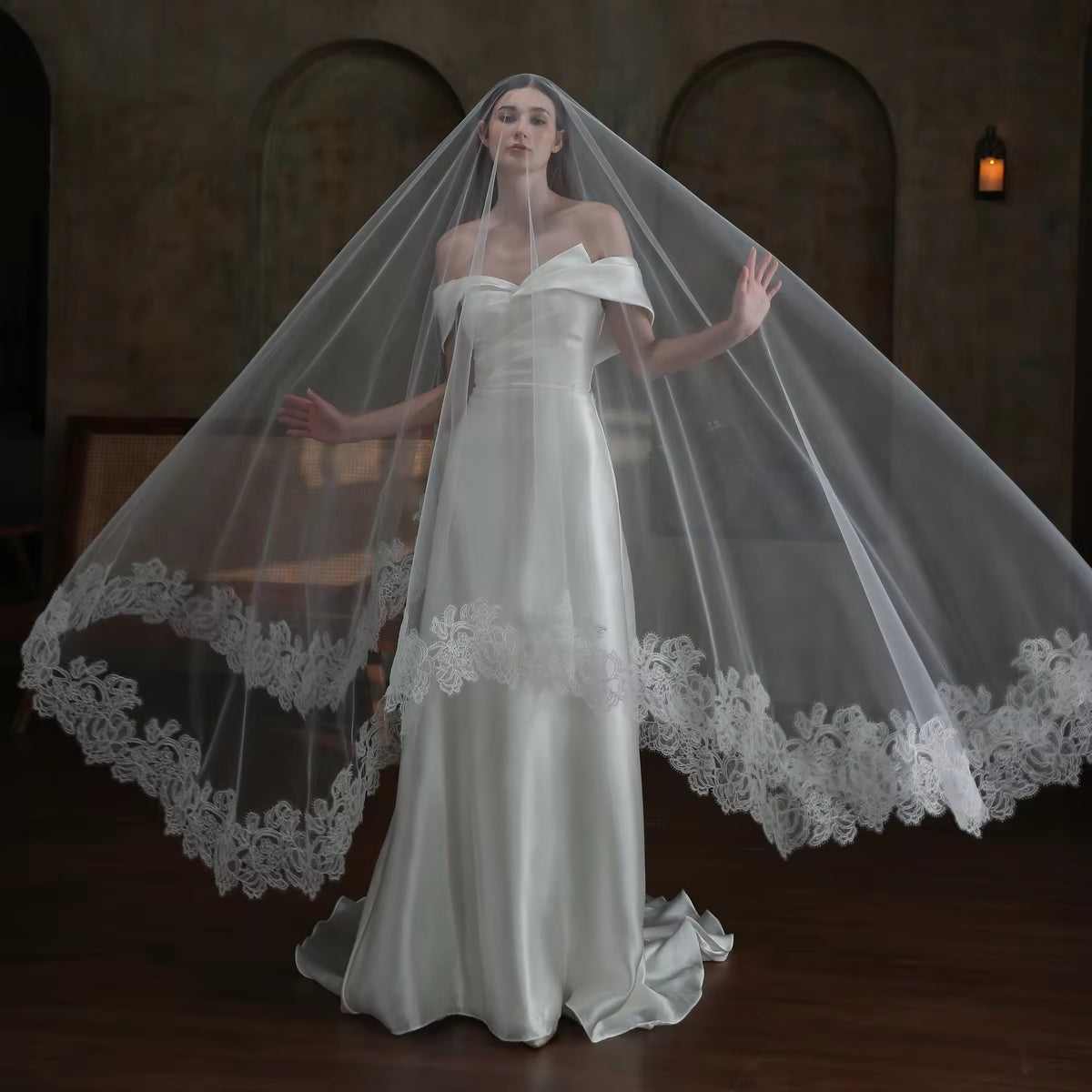 Luxury Royal Wedding Bridal Cathedral Veil One-Layer Lace Appliqued 