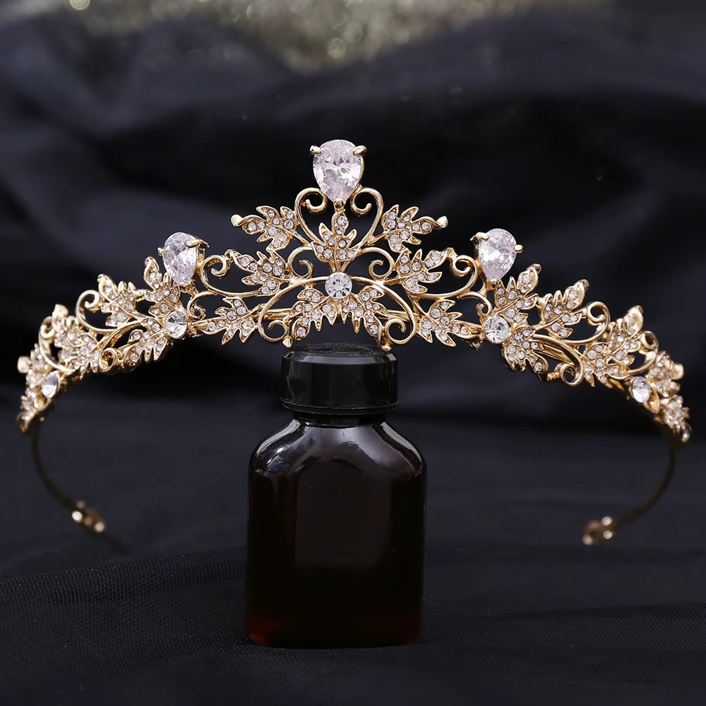 High Quality Zircon Wedding Bridal Hair Accessories Rhinestone Crystal Bling Tiaras and Crown Alloy Leave Designer Bride Crown