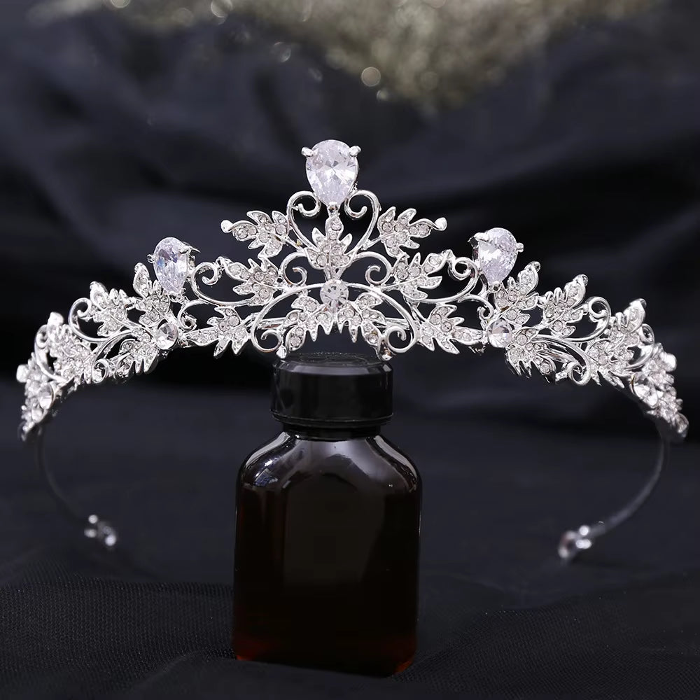 High Quality Zircon Wedding Bridal Hair Accessories Rhinestone Crystal Bling Tiaras and Crown Alloy Leave Designer Bride Crown