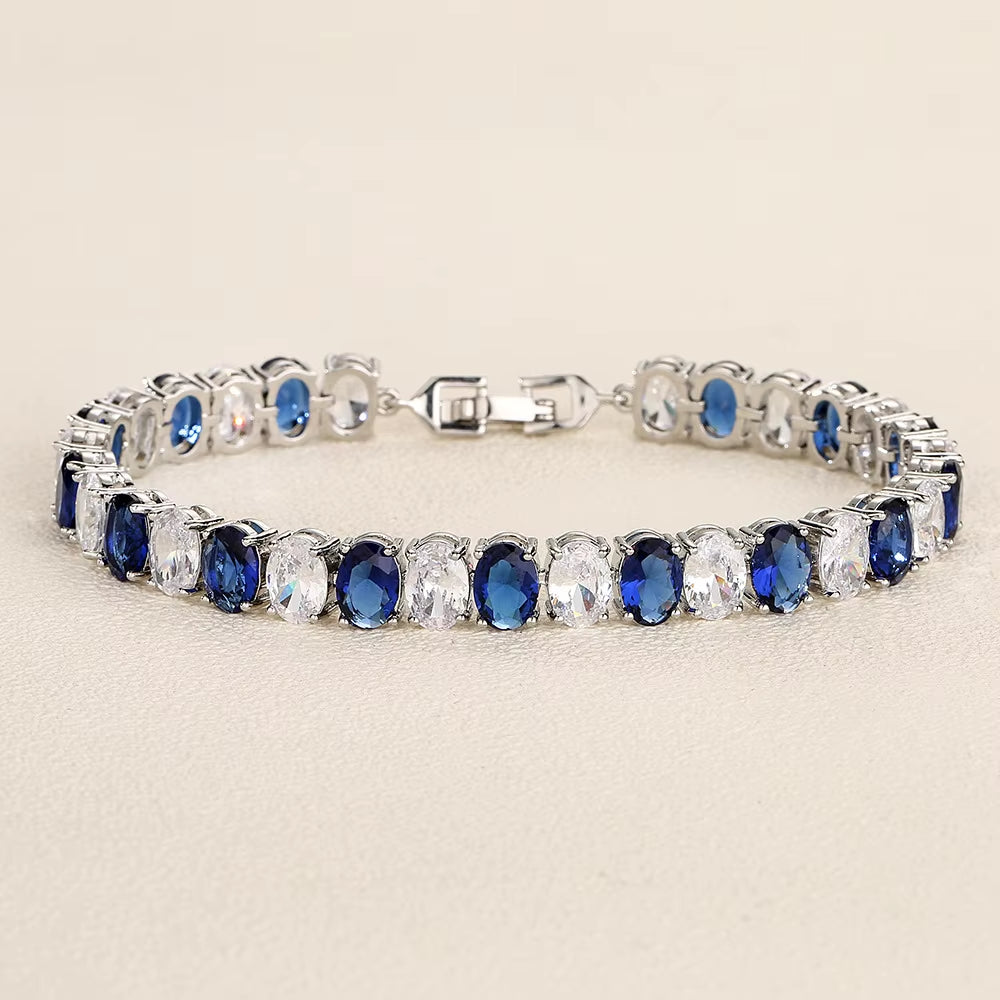 Classic Oval Zircon Bracelet Set - Sapphire-Accented Hand Jewelry