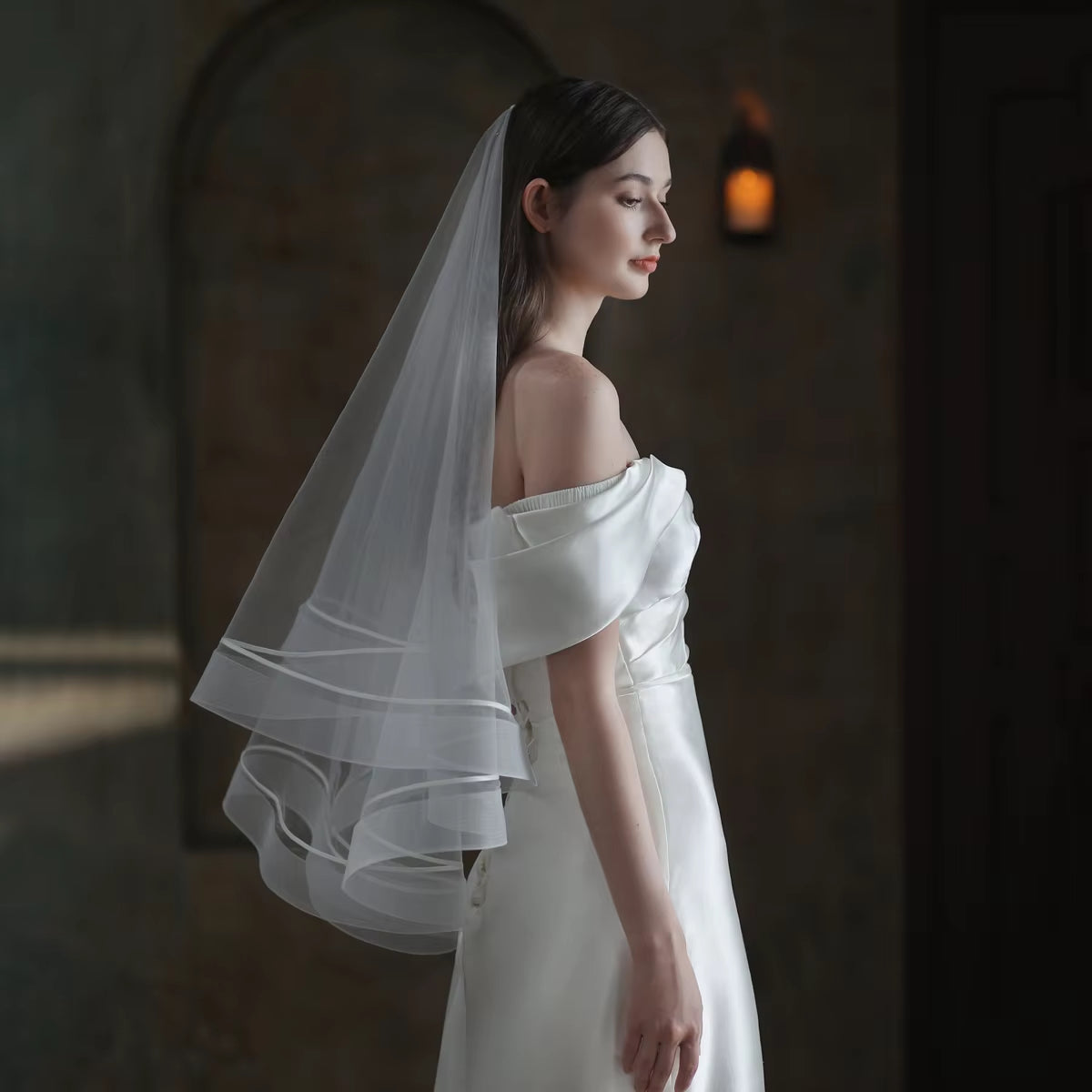  Elegant Wedding Bridal White Veil 2-T Plain Tulle Elastic Mesh Edge 