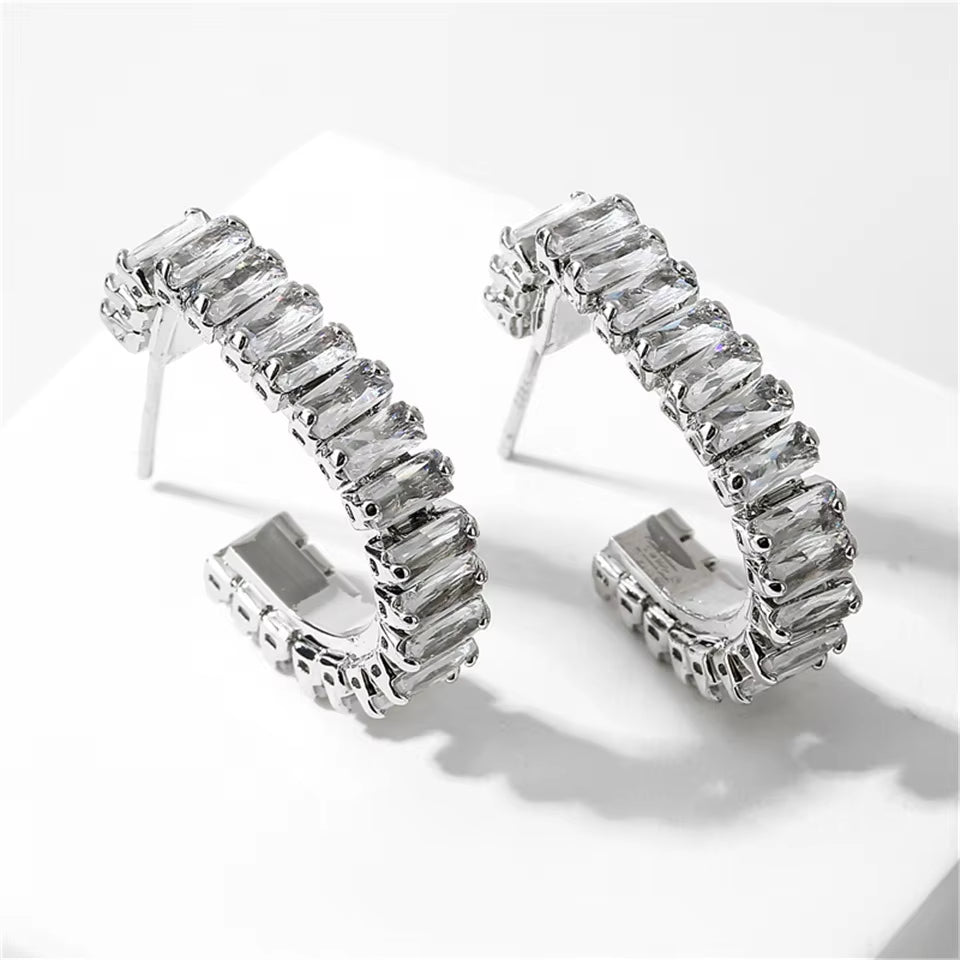 White Gold-Plated CZ Half Hoop Earrings - Sparkling Open C Design