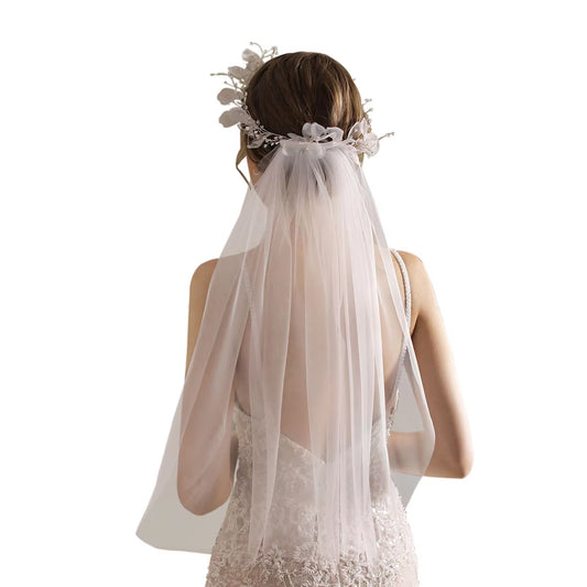 Retro White Elbow Bridal Veil with Tulle, Organza Flowers, and Beaded Hairwear