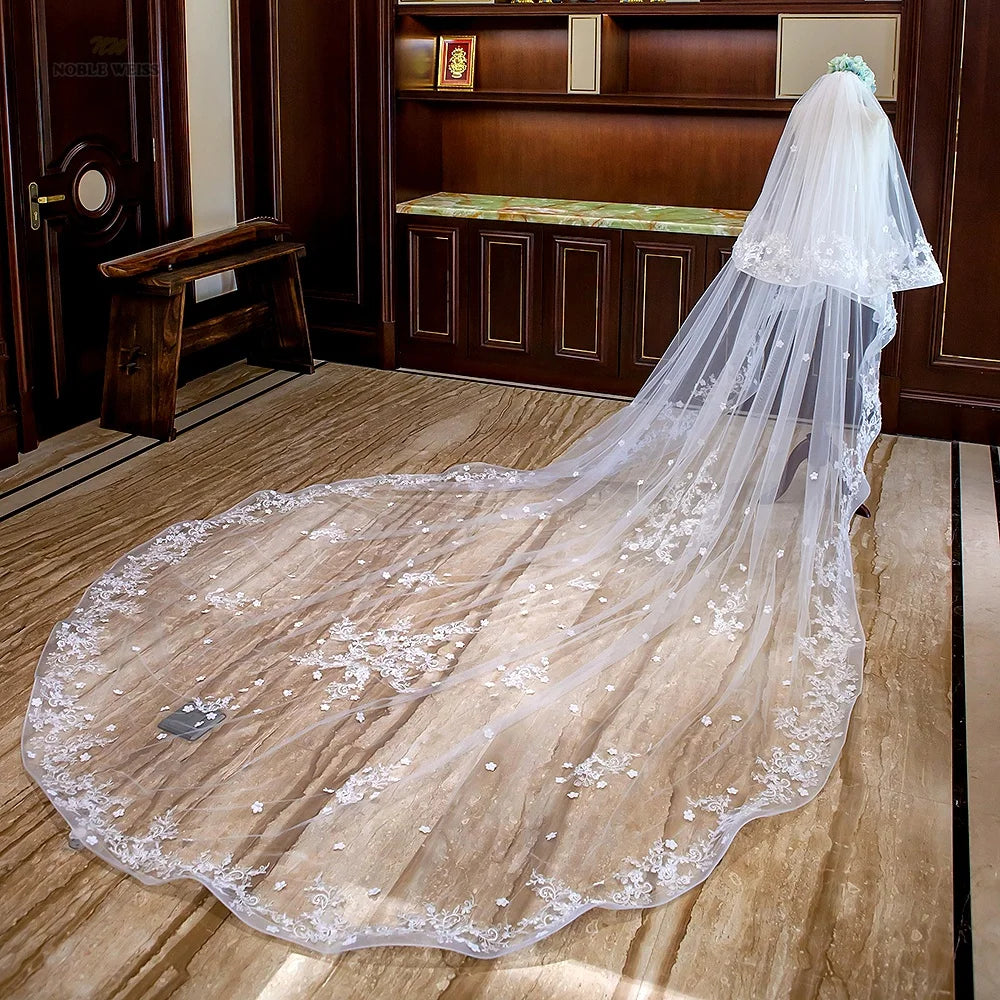 Long Wedding Veils with Comb Two Layers Appliques Bride Veil