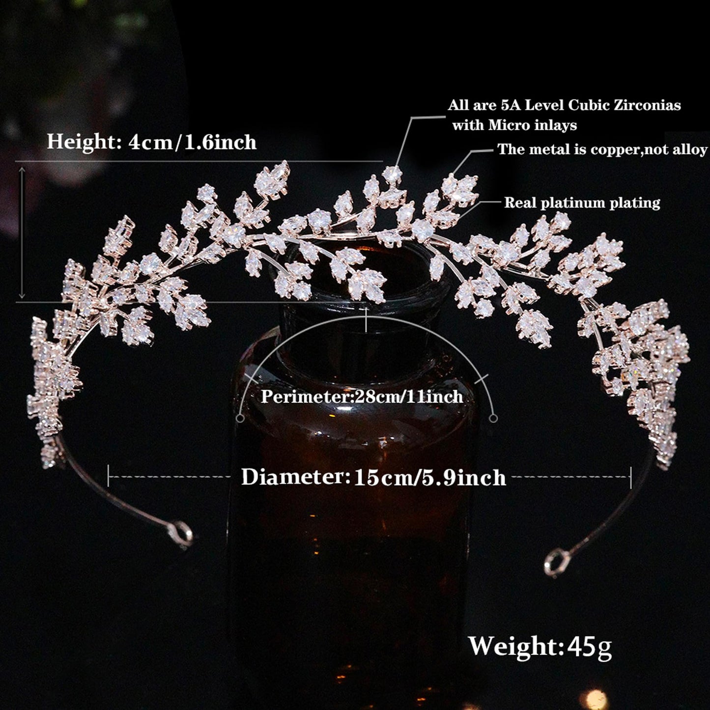 Rose Gold Zircon Bridal Headband - Full Cubic Zirconia Tiara for Weddings & Pageants